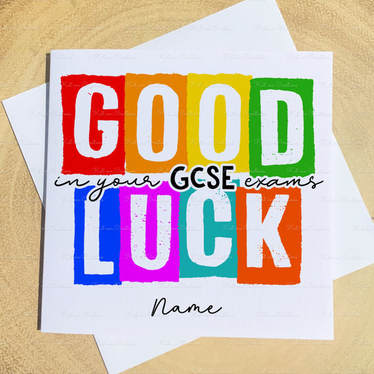 good luck in your exams card. personalised SATS, GCSE and A level cards