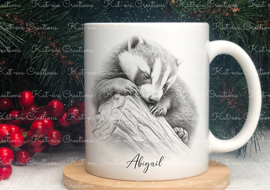 sleeping badger mug. Personalised badger cup. Ideal gift for Christmas. Birthday, secret santa or stocking filler