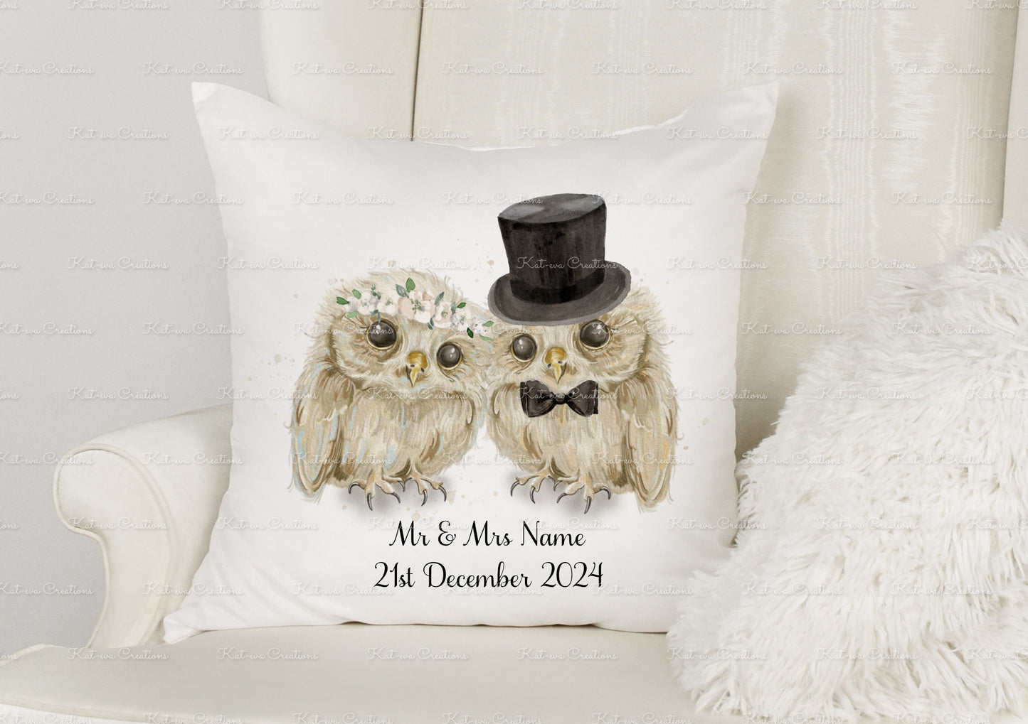 Wedding gift, Personalised Wedding Cushion. Owl pillow. Bride and Groom Owl present