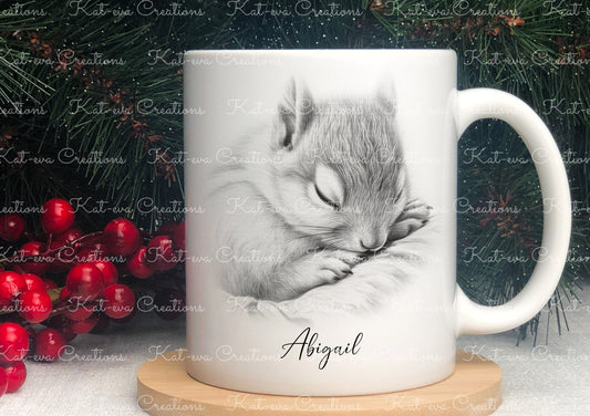 sleeping squirrel mug. Personalised squirrel cup. Ideal gift for Christmas. Birthday, secret santa or stocking filler