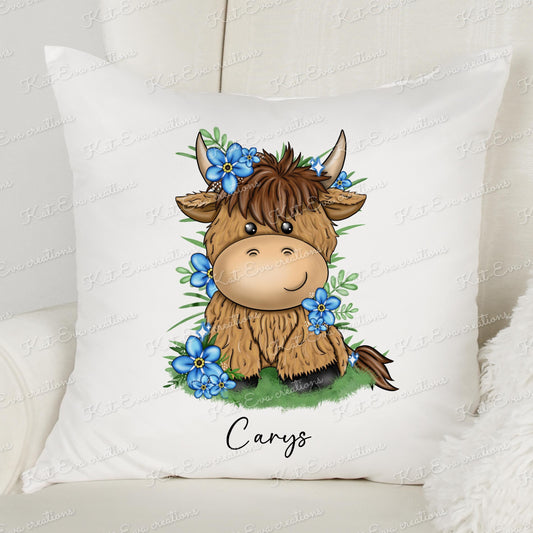 Highland cow cushion. Forget me not personalised highland cow pillow. Valentines or mothers day present birthday gift. highland coo
