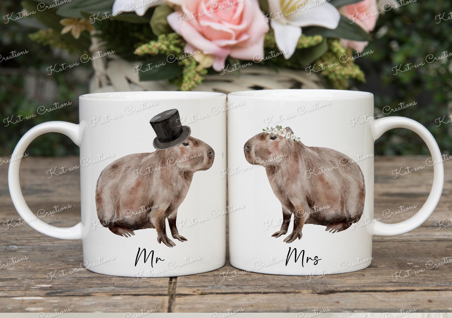 mr and mrs capybara mugs. Bride and Groom. ideal wedding present. engagement or anniversary gift