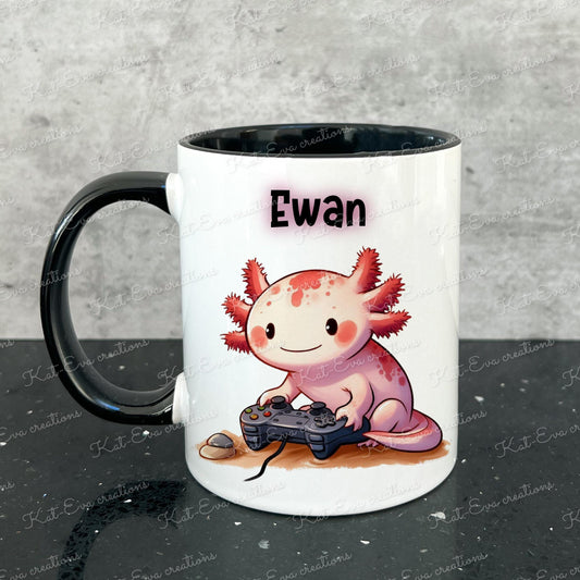 Personalised axolotl mug, gaming axolotl cup. Ideal easter gift or birthday present. Fathers day gift