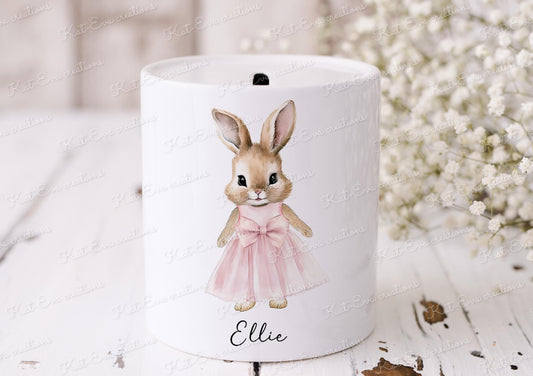 rabbit money box.  Personalised bunny moneybox. Ideal for newborn or christening gift. Birthday or baptism present