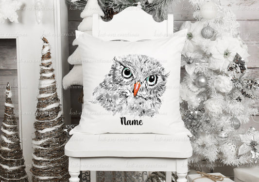 watercolour Owl cushion, can be personalised, Different backgrounds and christmas accessories available. ideal christmas decor or xmas gift