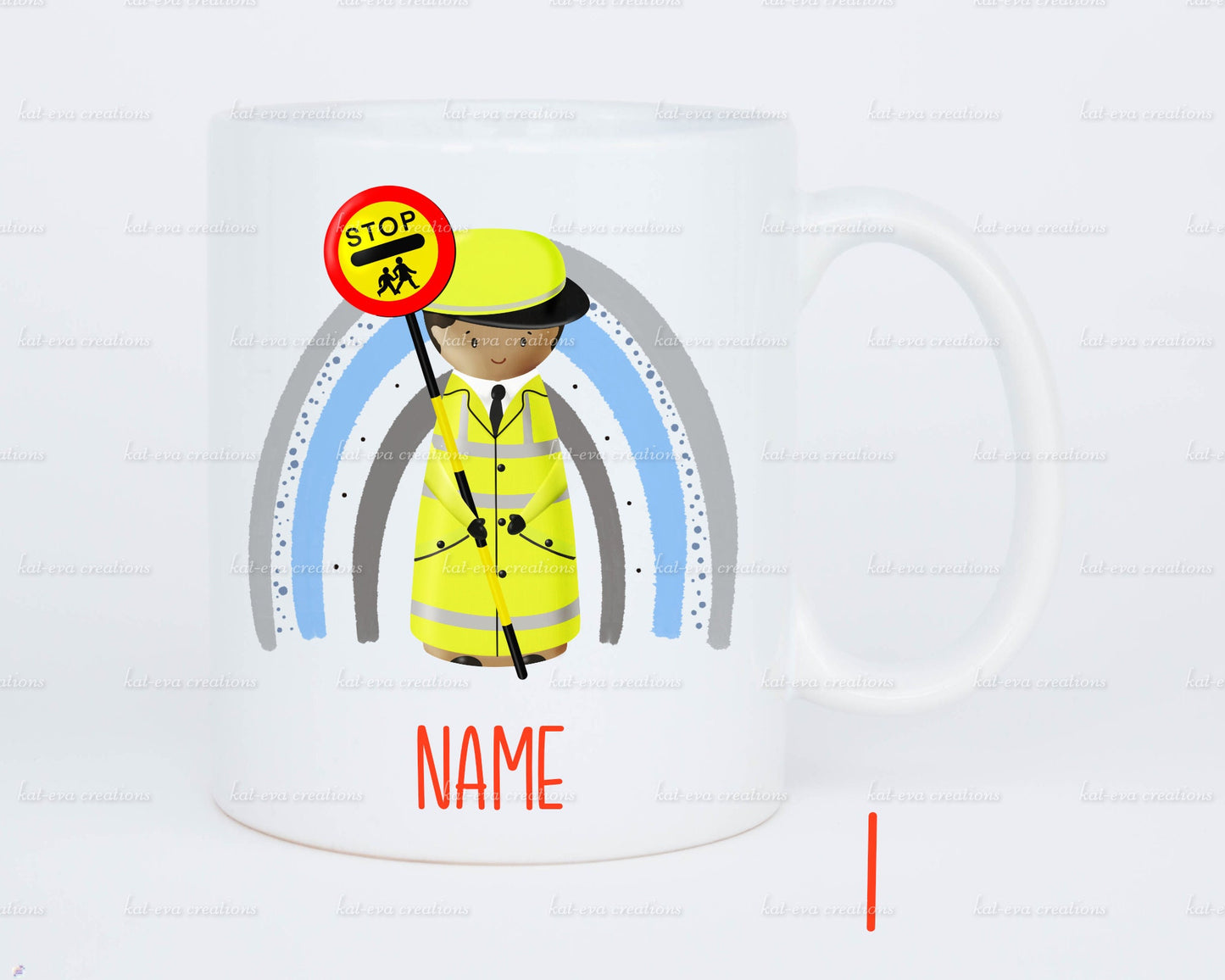 personalised lollipop lady / man / crossing peg doll rainbow 11oz mug or mug and coaster set
