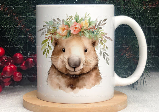 personalised wombat mug. Gorgeous Floral wombat Cup. Ideal for birthday, secret santa, stocking filler or Christmas present