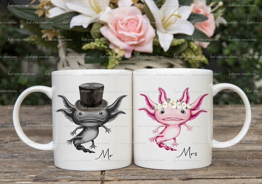 mr and mrs axolotl mugs available, ideal wedding, anniversary present. can be made as mr and mr or mrs and mrs as well.