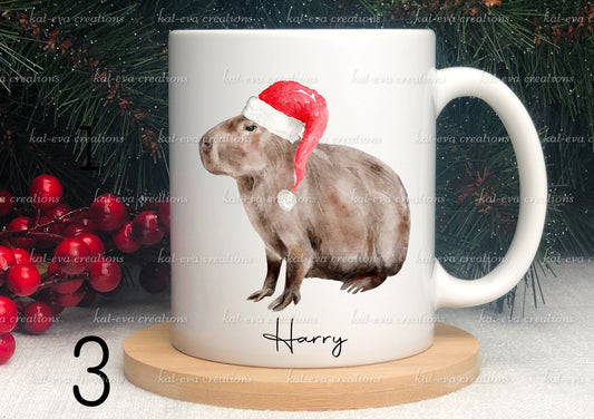 personalised Christmas capybara mug. Elf, Santa Claus, Father Christmas capybara