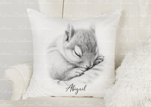squirrel cushion. personalised sleeping squirrel pillow. ideal christmas, secret santa, stocking filler, or birthday gift