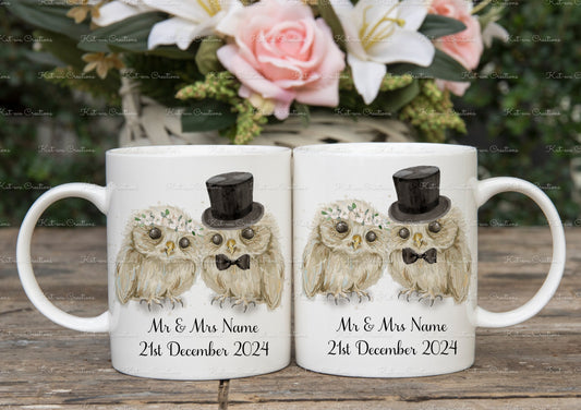 Wedding gift, Personalised Wedding mug set. Owl cups. Bride and Groom Owl present