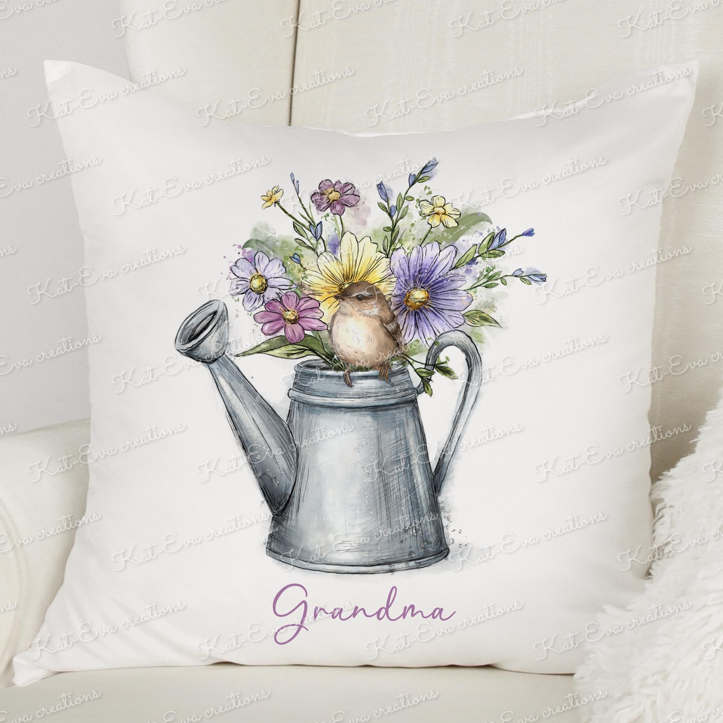 Bird and flowers personalised cushion. bird watering can pillow. Mothers day gift. Birthday present. gardeners gift