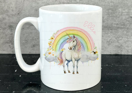 unicorn rainbow mug. can be personalised. ideal birthday, mothers day or leaving gift