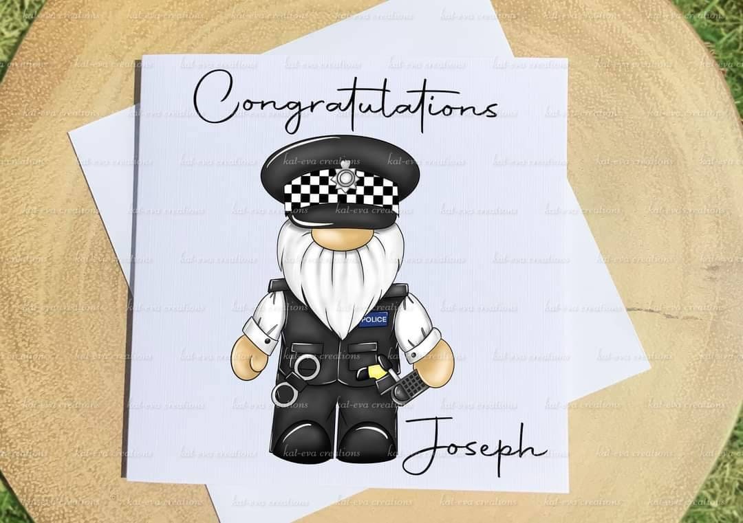 Passing out card, Personalised police card. Congratulations policeman,police woman passing out parade card. Gonk, gnome card