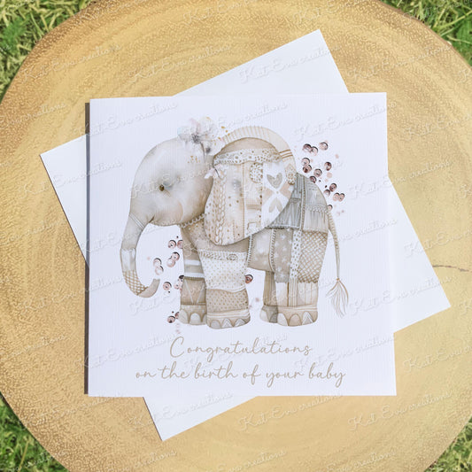 patchwork elephant card.  Personalised congratulations card. 6x6inch card. Baby girl, Baby boy card. New baby card. Birthday card