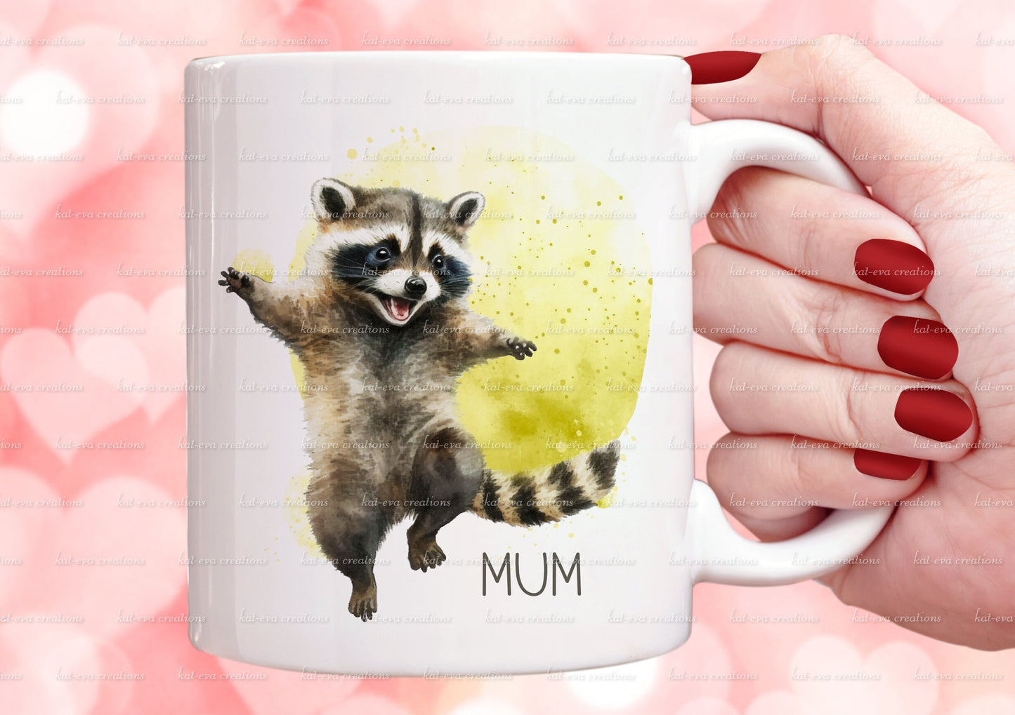 Racoon mug. personalised raccoon cup. cute smiley racoon. ideal birthday, thank you or Christmas gift