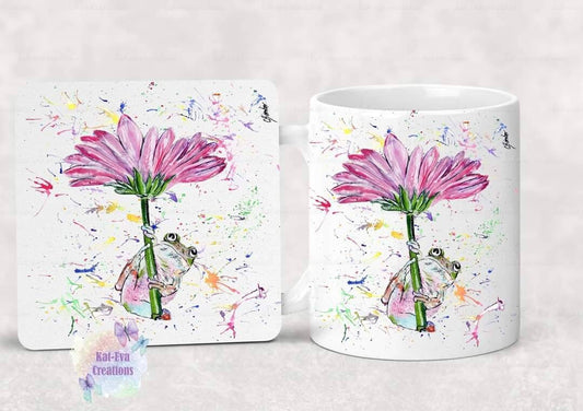 Watercolour frog mug, available with or without coaster. can be personalised.