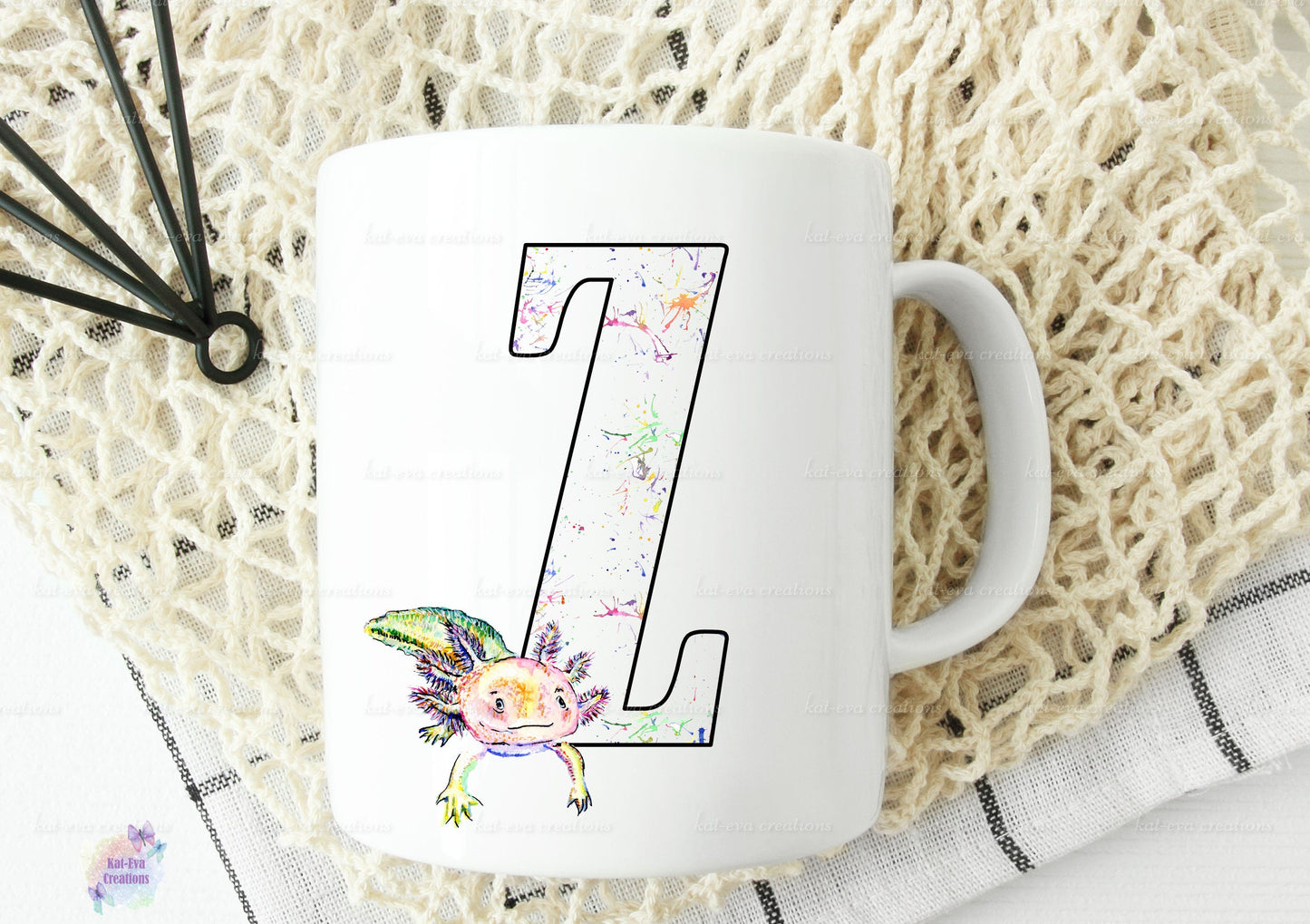 Watercolour axolotl initial mug, can be personalised.