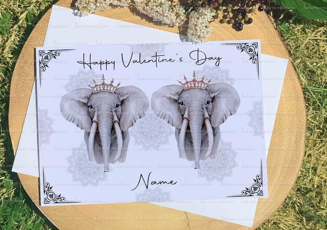 Personalised elephant couple card. Ideal for valentine's Day, weddings, engagement or anniversaries