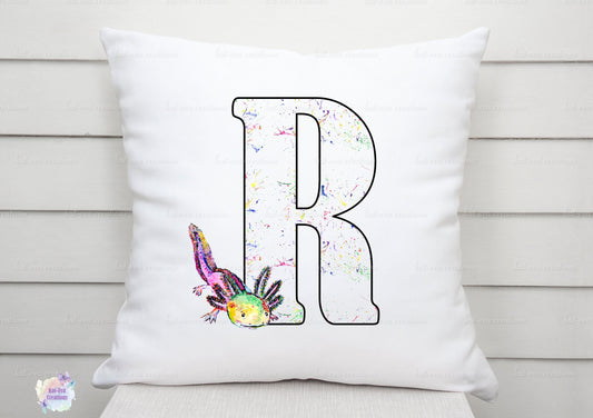 Watercolour axolotl initial cushion. can be personalised.