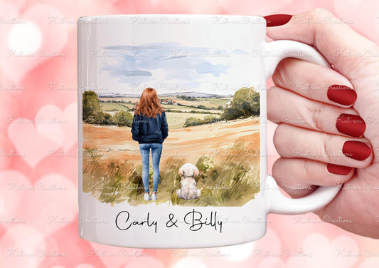 Dog and owner mug. personalised dog mug. Lots of different people and dogs available, Ideal Birthday or Mothers day gift