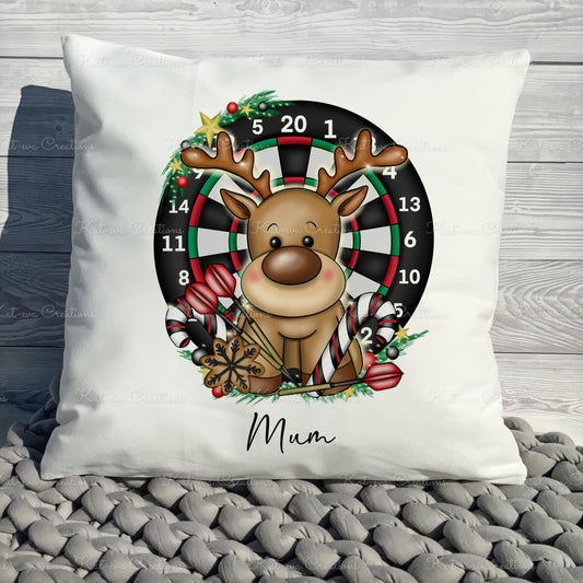 dart player reindeer cushion. personalised darts cushion. ideal christmas or secret santa gift or as a thank you present