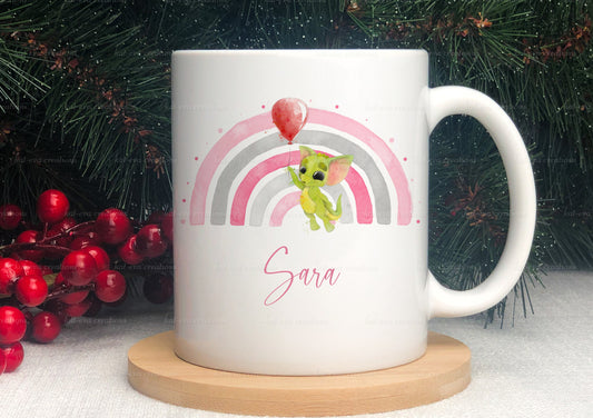 Beautiful rainbow dragon mug, ideal christmas or birthday gift. can be personalised available in pink or blue