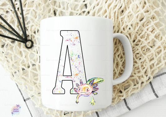 Watercolour axolotl initial mug, can be personalised.