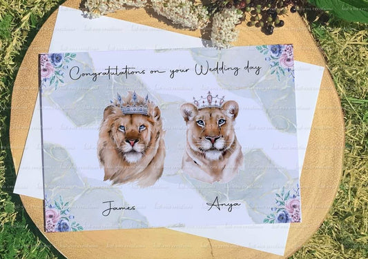 Personalised lion couple card. Ideal for valentine's Day, weddings, engagement or anniversaries