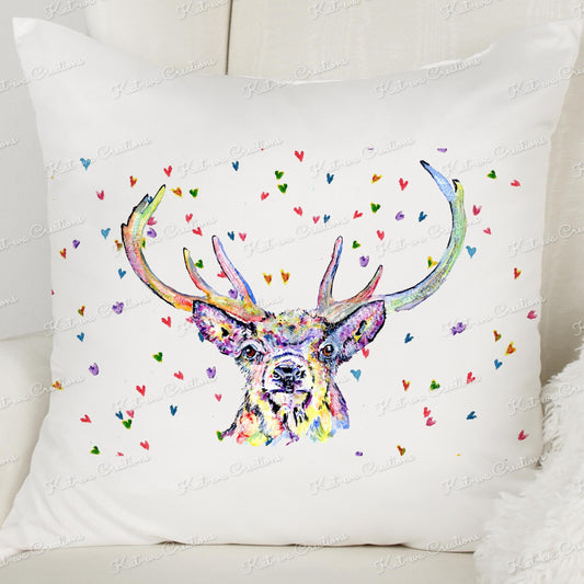 personalised stag cushion, watercolour stag pillow, deer design. Christmas or Birthday gift or secret santa present. ideal new home decor