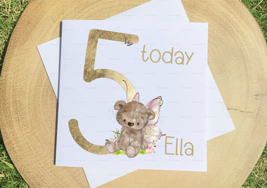 Personalised fairy birthday card. Bear fairy card and badge. number card and badge