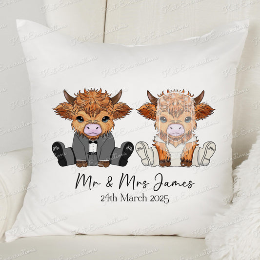 Highland cow Wedding cushion. Personalised cushion. Engagement, wedding or anniversary cushion Highland cow congratulations. highland coo