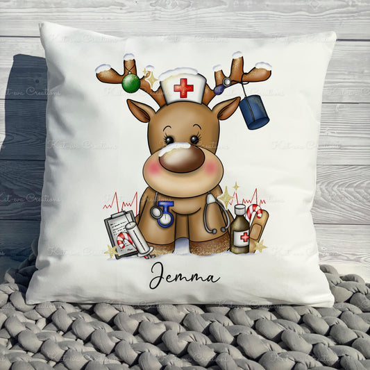 Nurse reindeer cushion. personalised nurse cushion. ideal christmas or secret santa gift or as a thank you present