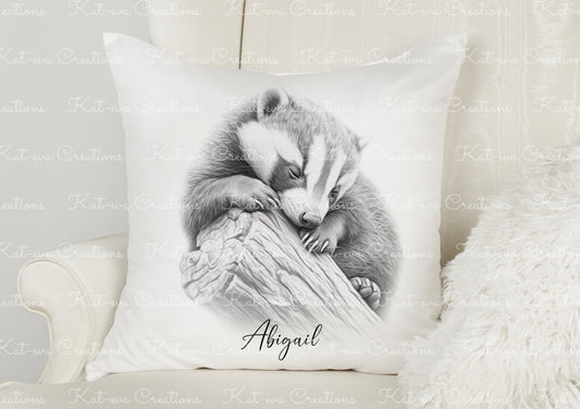 badger cushion. personalised sleeping badger pillow. ideal christmas, secret santa, stocking filler, or birthday gift