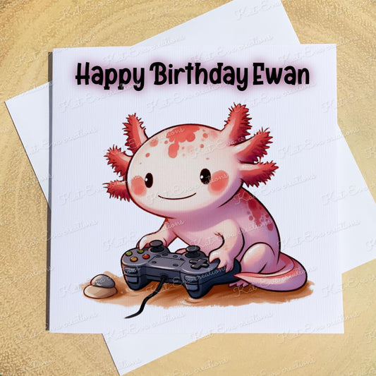 gamer axolotl card. Personalised gaming card. Birthday, easter or fathers day card
