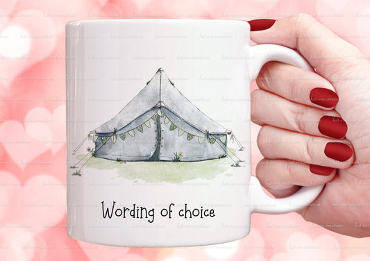 bell tent mug. personalised vintage tent cup. choice of colours
