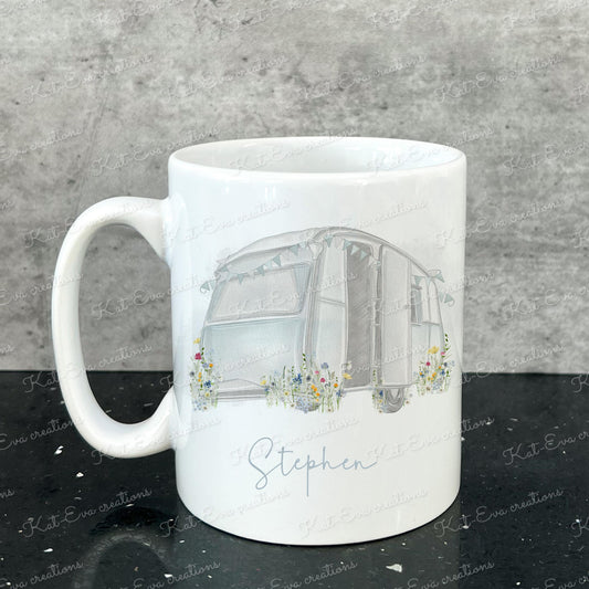 caravan mug. personalised wild flower caravan cup. Ideal birthday, valentines or retirement gift. Mothers fathers day present. colour choice