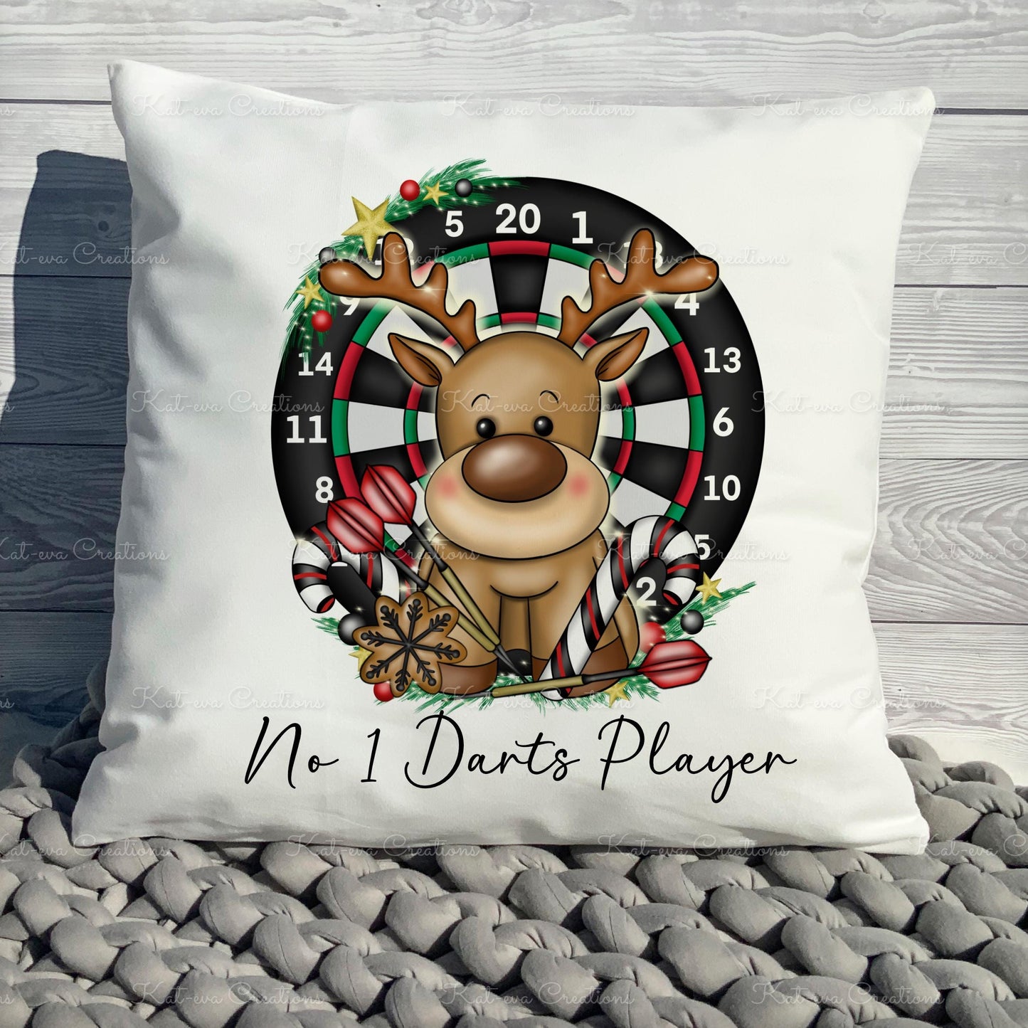 dart player reindeer cushion. personalised darts cushion. ideal christmas or secret santa gift or as a thank you present
