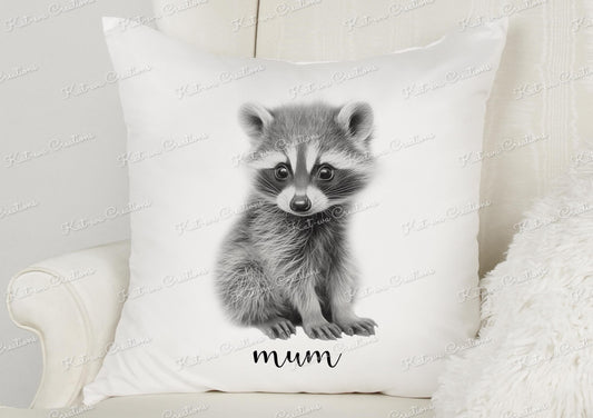 baby raccoon cushion. personalised cute raccoon pillow. ideal christmas, secret santa, stocking filler, or birthday gift