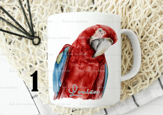 watercolour exotic bird mug, can be personalised, macaw, flamingo, hummingbird, parrot, toucan, cockatoo, ibis