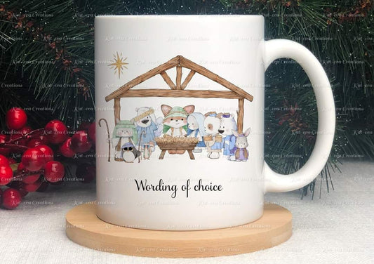 Nativity mug, personalised Christmas Nativity cup. Cute animal nativity. Ideal Christmas, Secret Santa or stocking filler gift