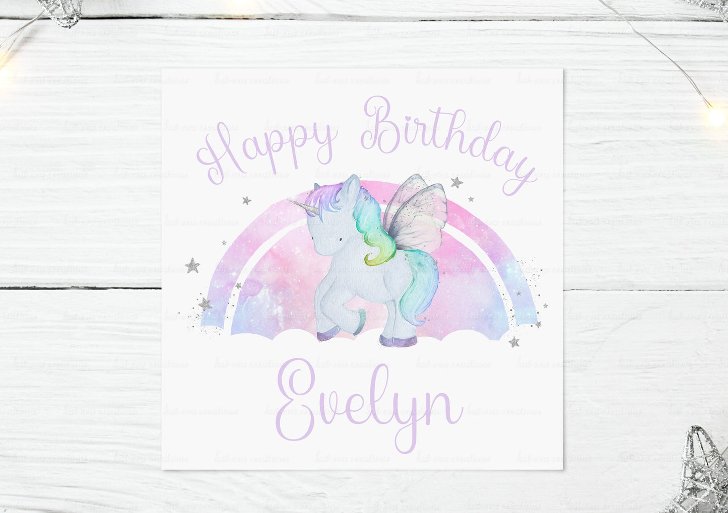 personalised unicorn rainbow birthday card. matching badge available in 45mm 58mm or 77mm sizes