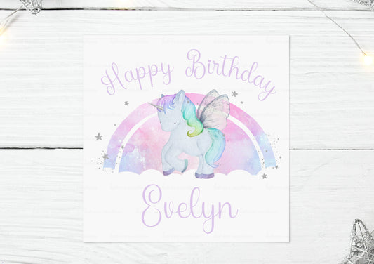 personalised unicorn rainbow birthday card. matching badge available in 45mm 58mm or 77mm sizes
