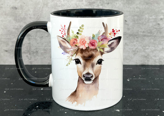 personalised Deer mug. Gorgeous Floral fawn Cup. Ideal for birthday, secret santa, stocking filler or Christmas present