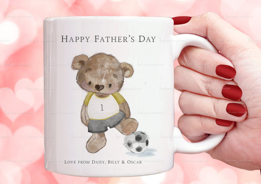 bear football mug, personalised football cup, ideal for fathers day, birthdays, or coach thank you gifts