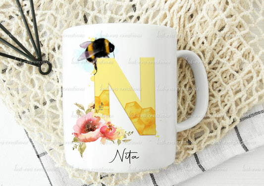 Stunning personalised bee initial mug or mug and coaster set Ideal christmas, birthday or mothers day gift