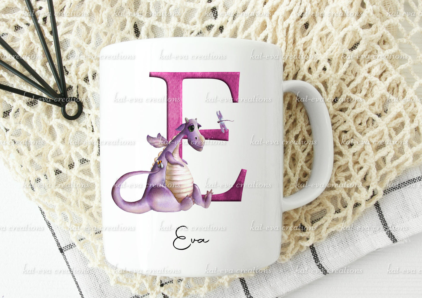personalised initial dragon mug, available in pink or blue. ideal birthday or christmas gift