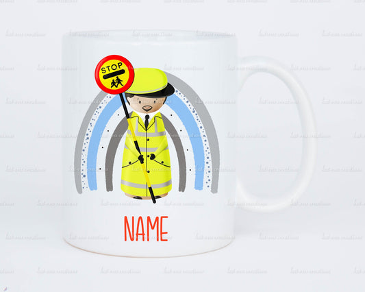 personalised lollipop lady / man / crossing peg doll rainbow 11oz mug or mug and coaster set