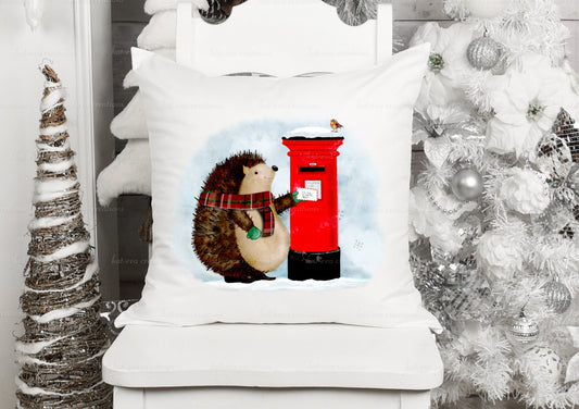 Christmas hedgehog cushion. Can be personalised. choice of with postbox or tree