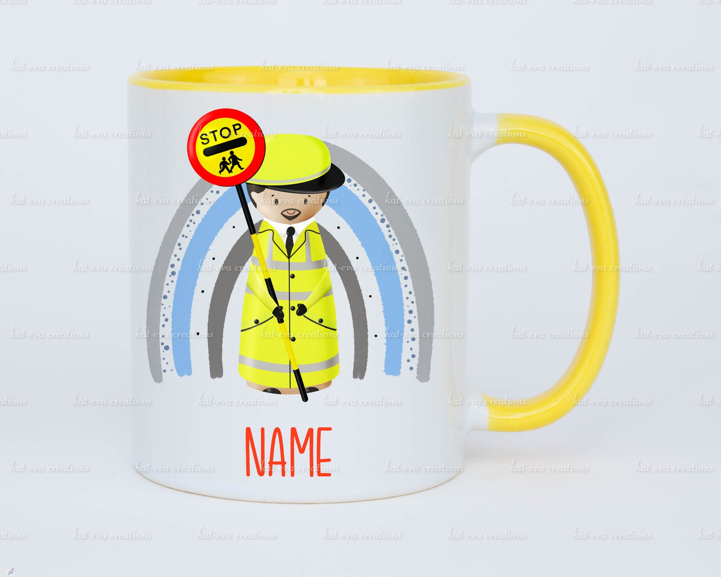 personalised lollipop lady / man / crossing peg doll rainbow 11oz mug or mug and coaster set